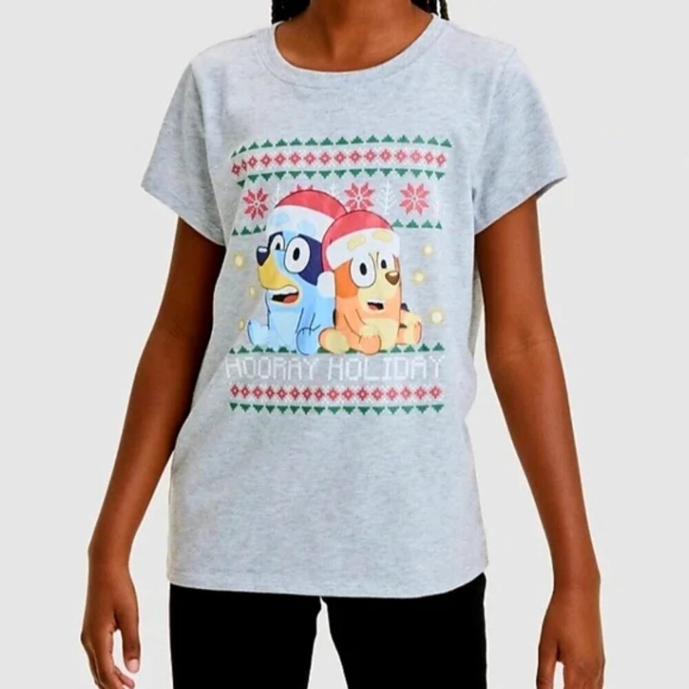 NEW Girls' Bluey Holiday Short Sleeve Graphic T-Shirt - Heather Gray